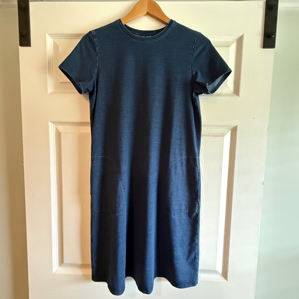 Pure Jill Indigo Blue T Shirt Dress XS Lyocell Stretch‎ Pocket Midi Casual
